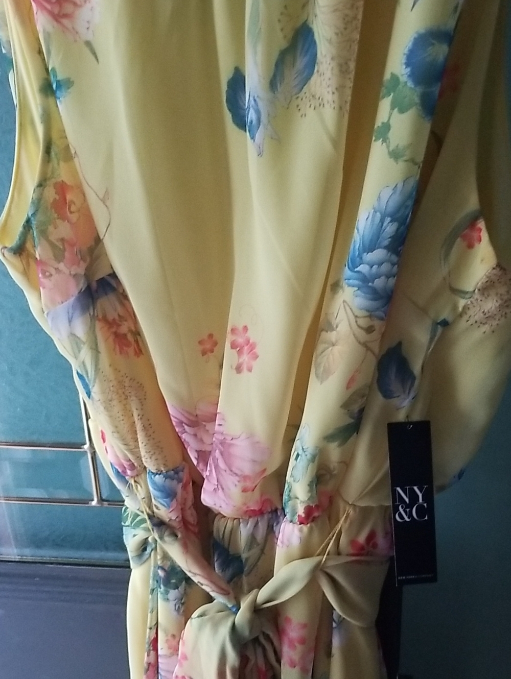 New York & Company Yellow Floral Dress with Tie Waist - Picture 3 of 9